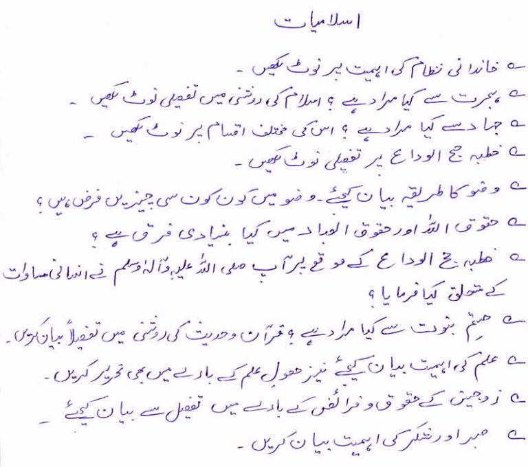 Matric 10th Class Islamiat Guess Papers For All Boards